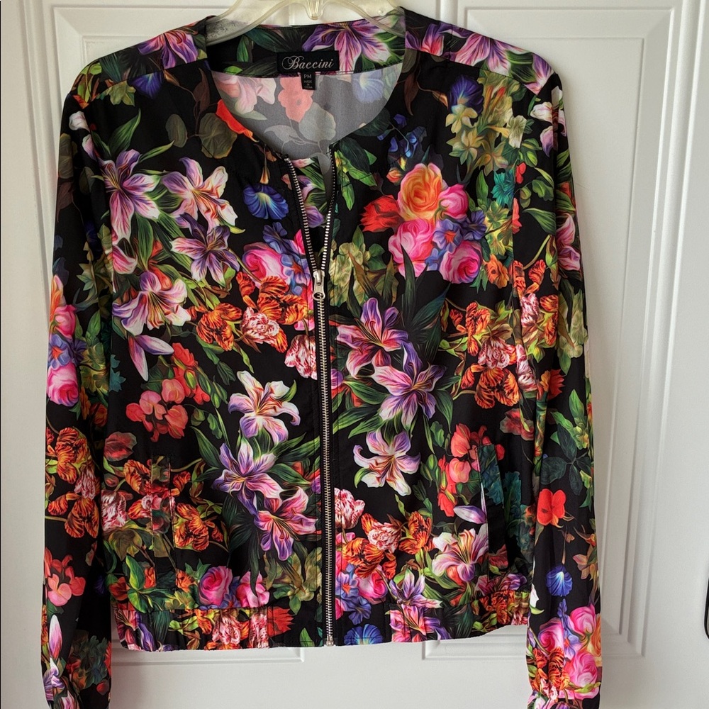 Baccini Black Floral Zip-Front Bomber Jacket
